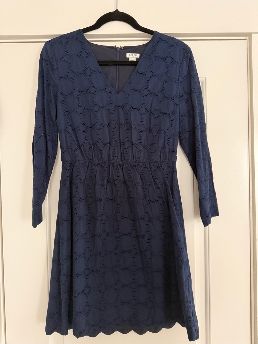 J.Crew Navy Eyelet Long-Sleeve V-Neck Dress